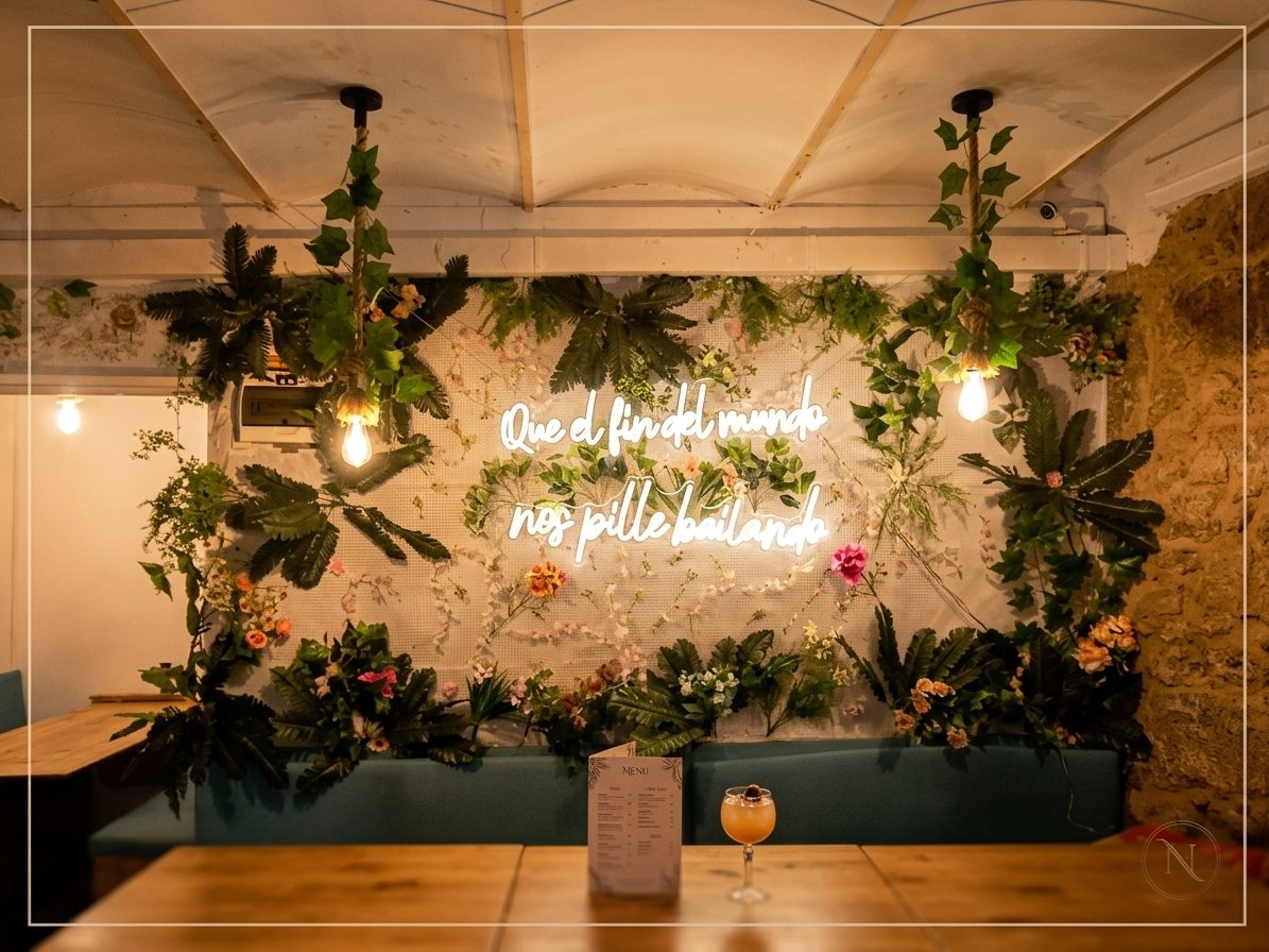 Interior de El gato con copas con neón 'Que el fin del mundo nos pille bailando' y pared de plantas tropicales